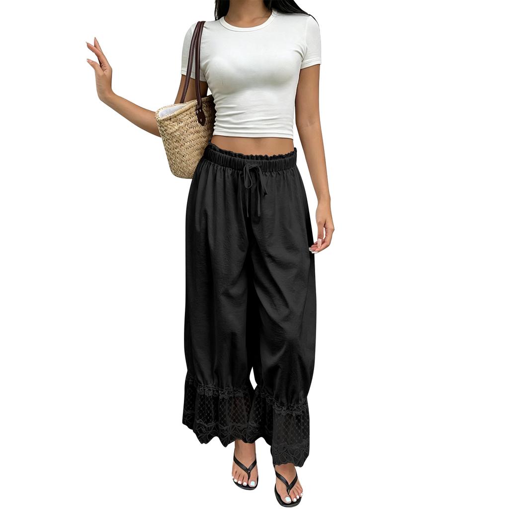 Damen Spitzenbesatz Rüschensaum Weites Bein Hoher Bund Lange Lockere Hose Vintage Stil Strand Reise Urlaubs Hose