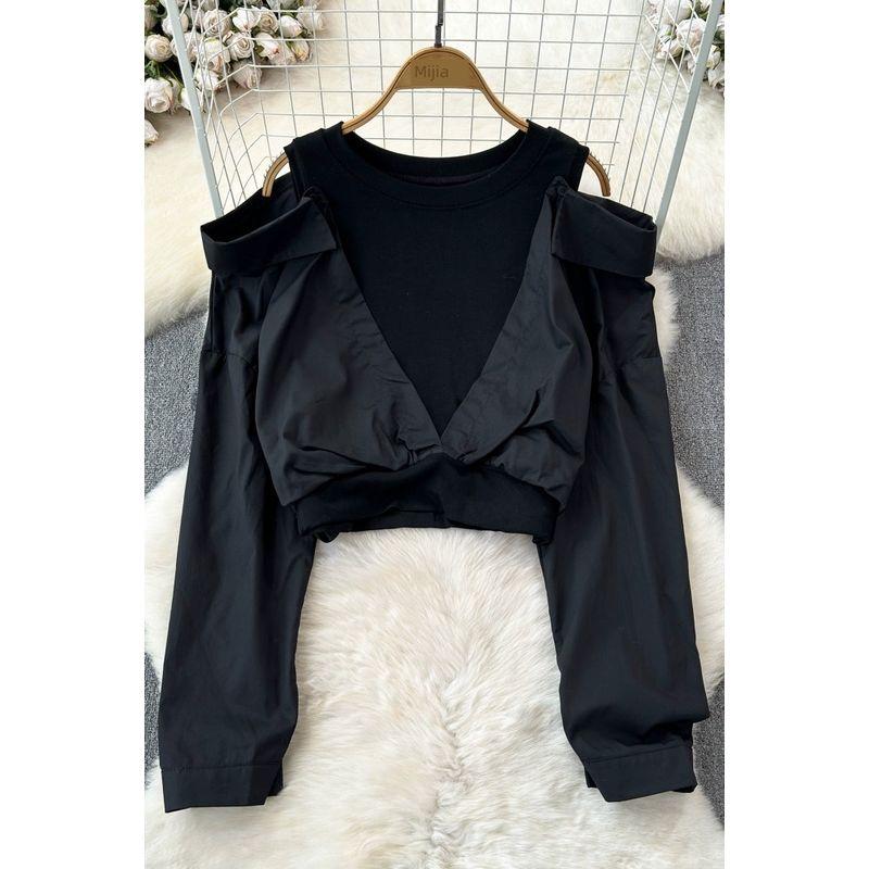 

Off-the-Shoulder Stylish Niche Style Contrast Color Long Sleeves Fake Two-Piece Black One size