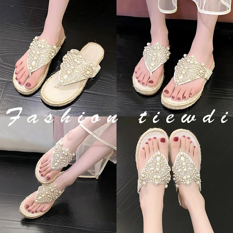 Fashion Beaded Women Flats Flip Flops Crystal Weave Slippers Casual Shoes Summer New Sandals 2025 Designer Luxury Clip Toe Shoes Zapatos