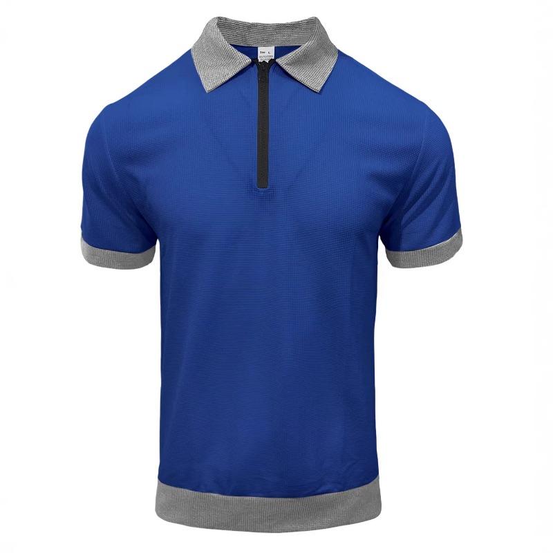

Men Contrast Trim Quarter Zip Polo Shirt Short Sleeve Textured Casual Top S синий