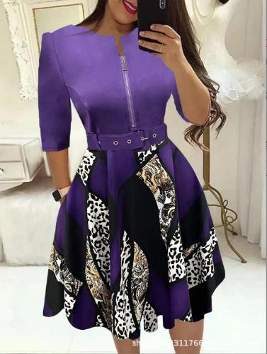Women's Round Neck 3/4 Sleeve Geometric Print Midi Dress With Belt African Ethnic Office Swing Dress