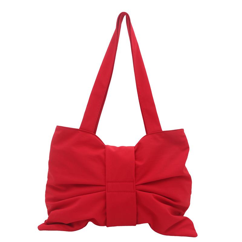 Korean Retro Solid Color Pleated Bow Shoulder Bags for Women Large Capacity Ladies Tote Bag Simple Student Handbags with Zipper