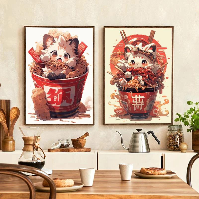 Japanese Noodle Dog Cat Funny Kitchen Ramen Noodles Poster Wall Art Prints Canvas Painting Pictures for Restaurant Home Decor
