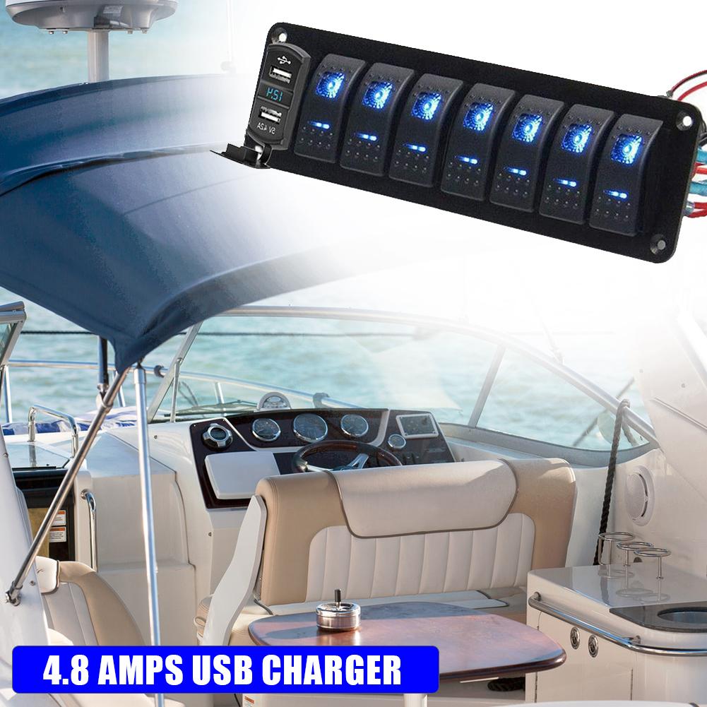 LED IP67 Waterproof Marine Boat Rocker Switch Panel 8 Gang Rocker Switch Panel Kit 12V/24V Circuit Breaker Dual USB Slots Light