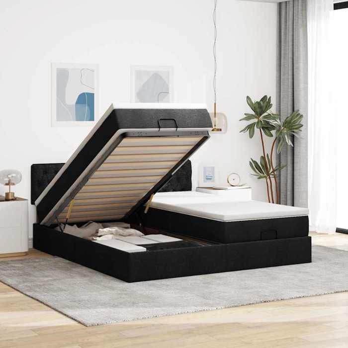 Cadre de lit ottoman avec matelas - Maison Exclusive - Tissu noir - 200 x 200 cm - Rangement hydraulique