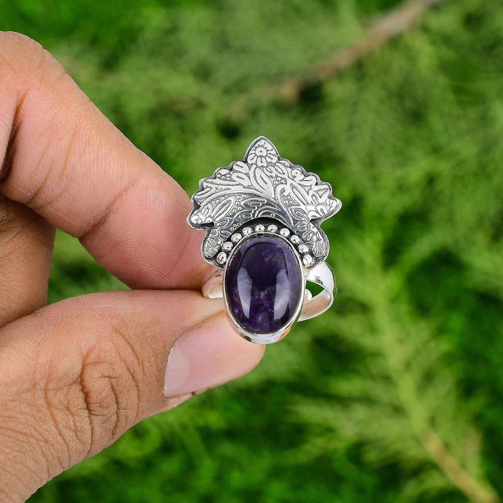 Oval African Amethyst Gemstone 925 Silver New Statement Handcrafted Ring Jewelry