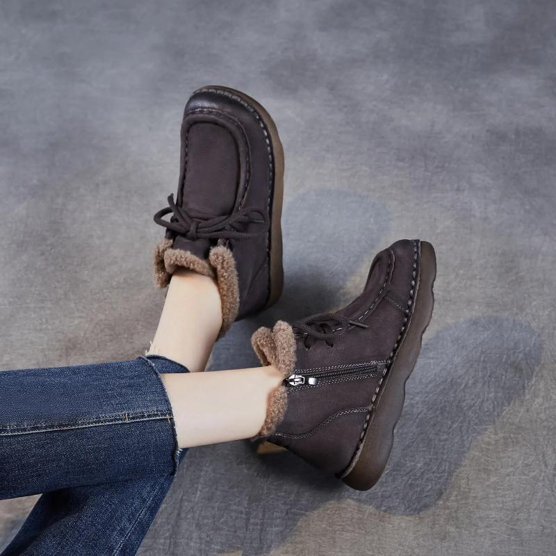 Johnature Winter Thick Plush Warm Cotton Boots Genuine Leather Retro Comfortable Soft Soled Women's Flat Ankle Boots