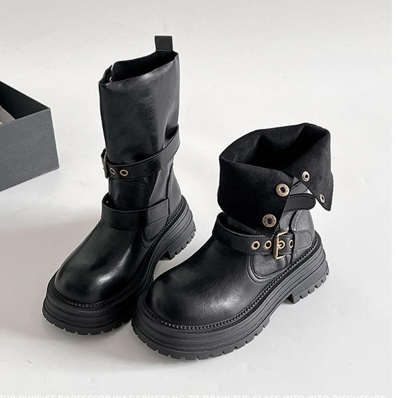 Thick-soled heightening Maillard brown medium tube short boots for children's new autumn thin British Martin boots for women