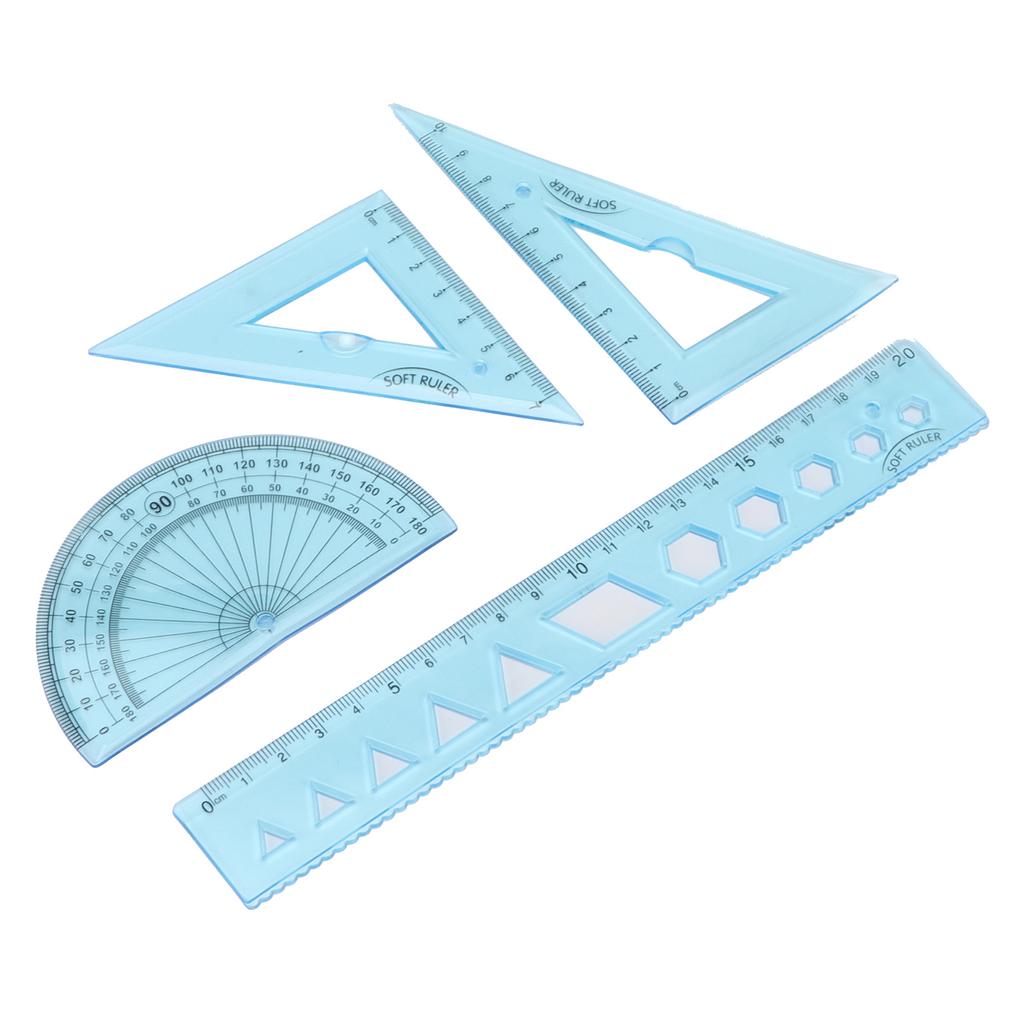 Kit de régua de quatro peças de plástico macio transparente azul ângulo comprimento ferramentas de medição com linha ondulada para ki