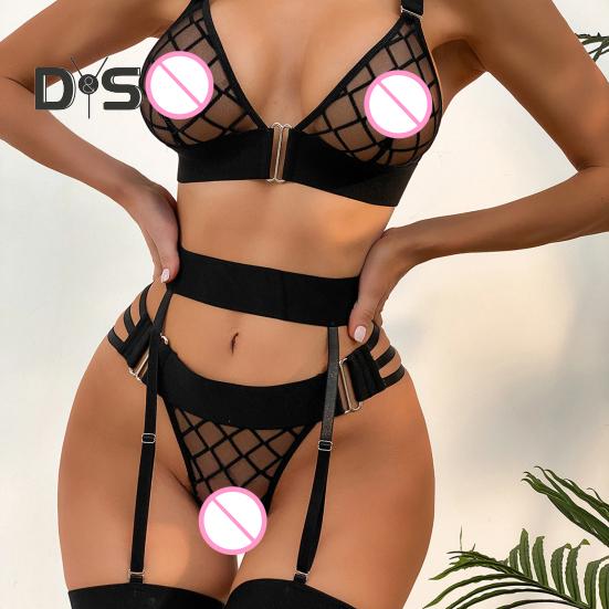 3 Pcs/Set Bra Briefs Set with Garter Fishnet Lace Multi Straps Hollow Out Thin High Waist Wedding Night Honeymoon Valentines Day Underwear Set
