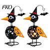 Fall Harvest Decorations Halloween Metal Crow Pumpkin Figurine, Wrought Iron Raven Statue with Witch Hat, Spooky Decor LED Candle Holder