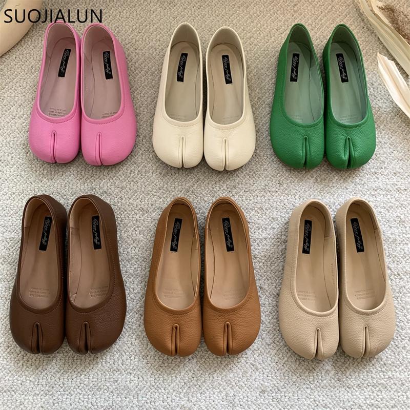 Fashion SUOJIALUN Autumn Women Flat Shoes Fashion Split Toe Flat Heel Casual Laofer Flat Heel Shallow Slip On Ladies Casual Ballerinas S