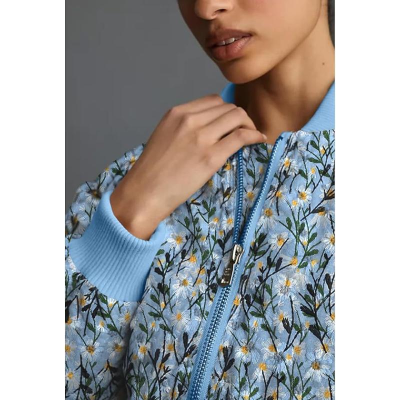 Women's Embroidered Daisy Cropped Bomber Jacket Long Sleeve Quilted Puffer Jackets Padded Coat Outerwear