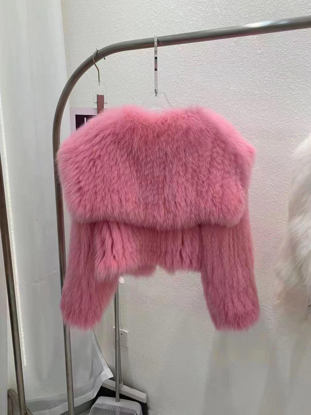 

Куртка из искусственного лисьего меха женская осенне-зимняя новая с темно-синим воротником, меховая, тканая, короткая, пушистая и тонкая S розовый