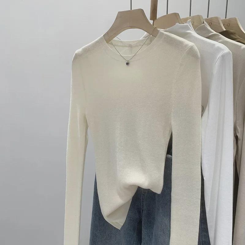 Pulover Tricotat Verde Mentă cu Gât Rotund pentru Femei - Croială Slim, Mânecă Lungă, Top Transparent de Primăvară/Toamnă