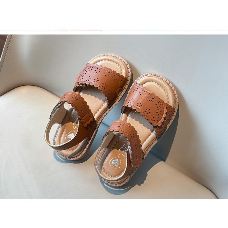 Korean Style Hollow Floral Princess Sandals, Summer Open Toe Leather Shoes for Baby Girls