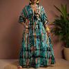 European and American Large-size Summer New V-neck Vacation Style Print Medium and Long Seven-quarter-sleeved Dress