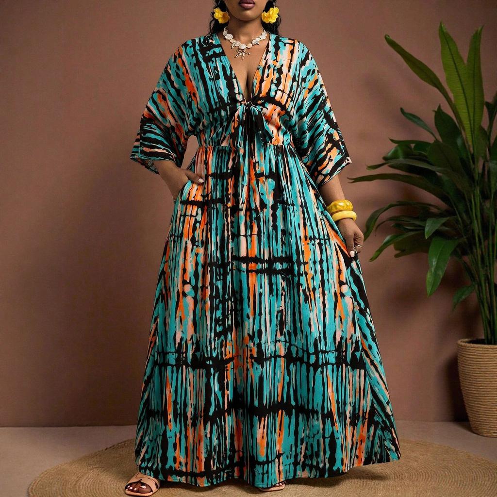 European and American Large-size Summer New V-neck Vacation Style Print Medium and Long Seven-quarter-sleeved Dress