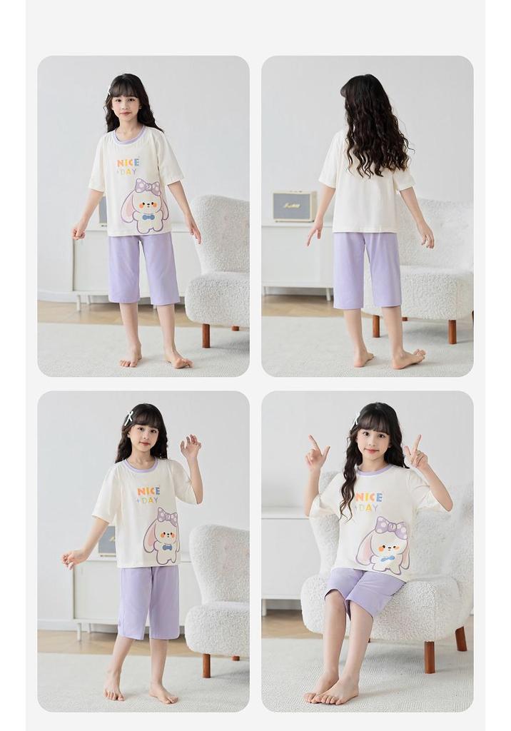 Girls' Summer Cotton Pajama Set - Short Sleeve, Lightweight, for Middle and Big Children, 2024 New Style