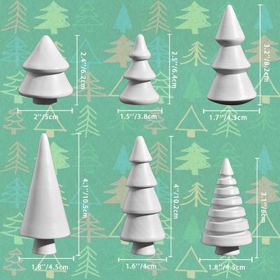 6pcs Wooden Christmas Tree Figurines, Assorted Sizes, Rustic Holiday Table Decor (White)