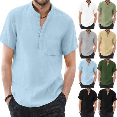 Designer Spring Summer Men's Casual Cotton Linen Solid Color Short  Sleeve Shirts Loose Stand Collar Shirts