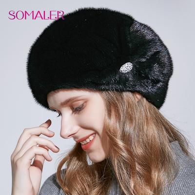 Winter Whole Mink Fur Beret Hats for Women with Diamond Floral Pattern