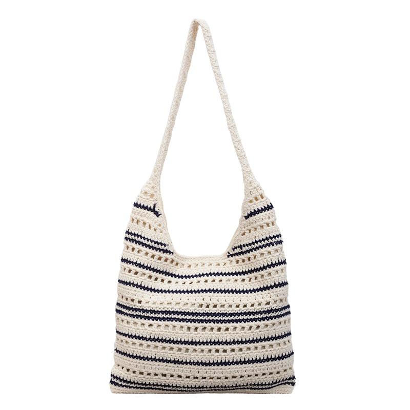 

Fashion Shopper Bag Fashionable Straw Shoulder Bag Large Capacity Beach Handbag Striped Crochet Tote Bag For Weekend Trips Daily синий