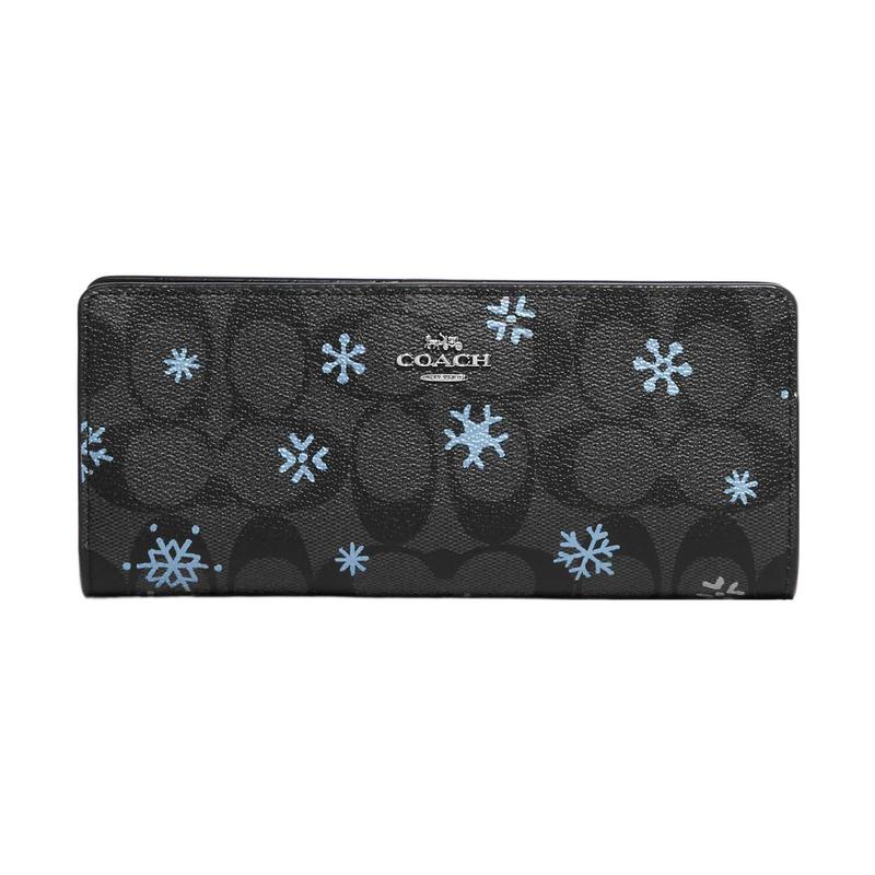 

COACH Slim Wallet 19 classic presbyopic snap closure snowflake print coated canvas and smooth leather card holder wallet women s black чорний