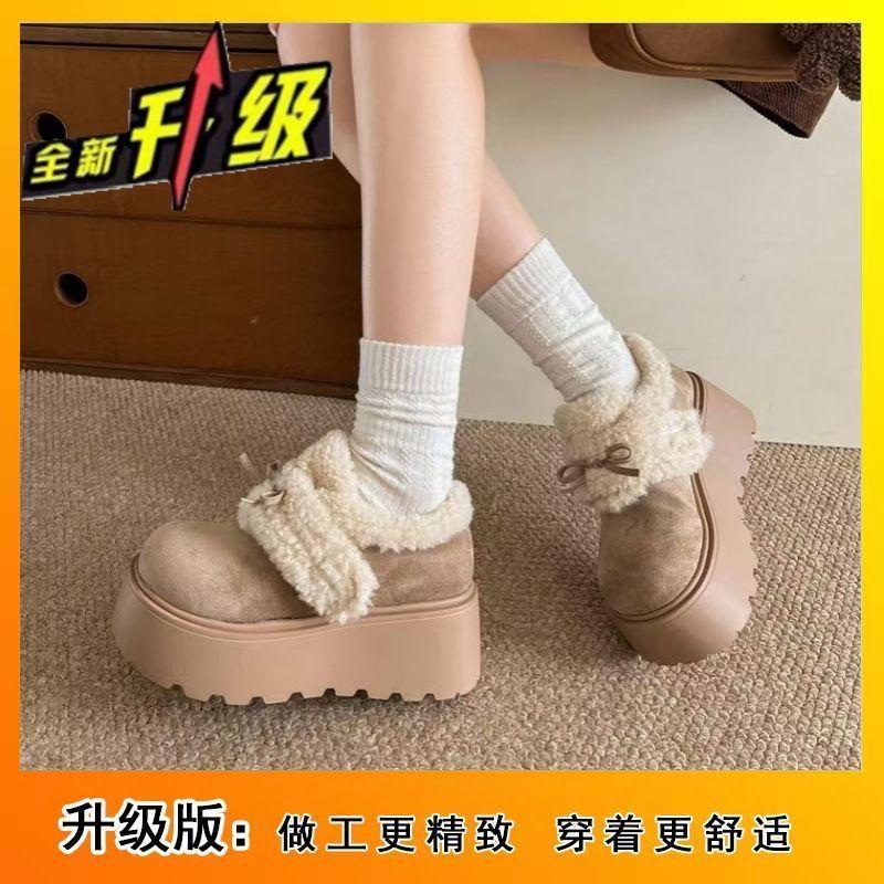 

Small height-increasing thick-soled all-inclusive Birkenstocks 2026 winter plush warm plush snow bow cotton shoes 40