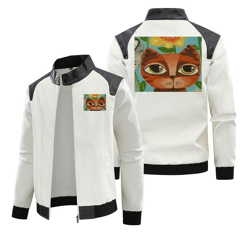 [European size velvet black and white leather jacket] Kitten series thickened locomotive autumn and winter jacket PU leather jacket