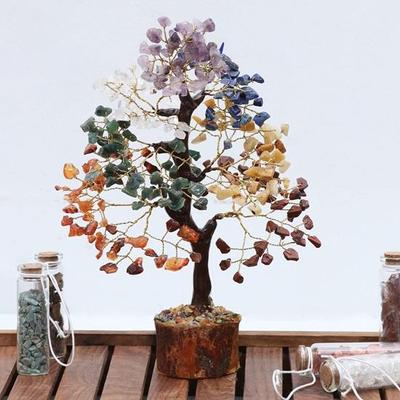 Seven Chakra Healing Gemstone Crystal Bonsai Fortune Money Tree for Good Luck, Wealth Prosperity Home Office Kitchen Decor Ideal Gift 300 Beads