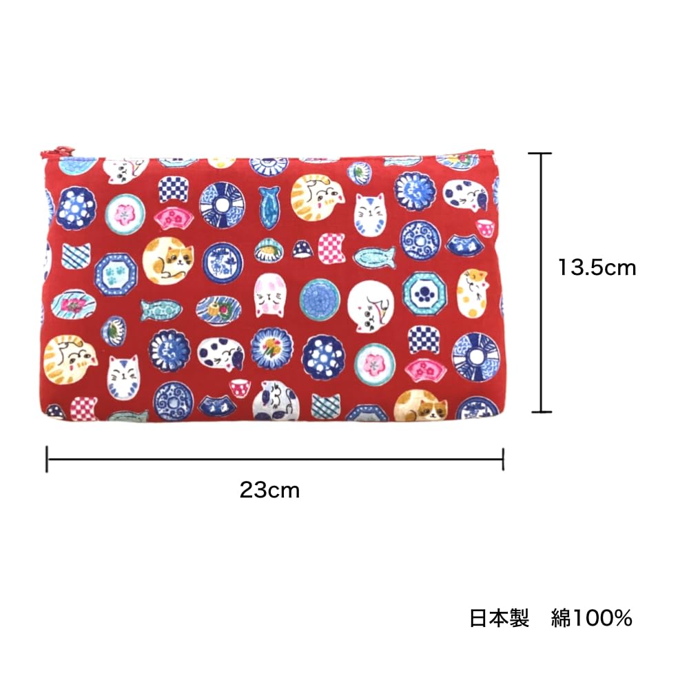 Kyosuke Made in Japan Large Cotton Pouch for Cosmetics and 23 x Small Item Cat and Dish Red Makeup, Approx. 13.5cm, Travel, Storage, Gusseted, Design,