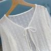 White Tie Up Summer Cardigan Women Sexy Long Sleeve Sheer Mesh Crop Tops Woman Chic All Match Short Printed T Shirt Mujer