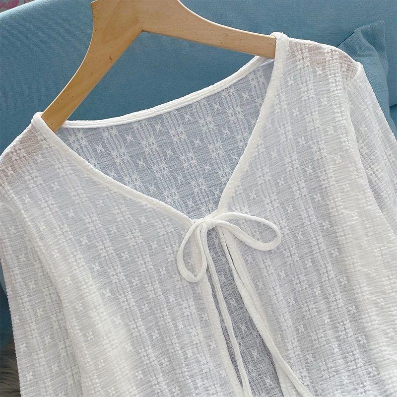 White Tie Up Summer Cardigan Women Sexy Long Sleeve Sheer Mesh Crop Tops Woman Chic All Match Short Printed T Shirt Mujer