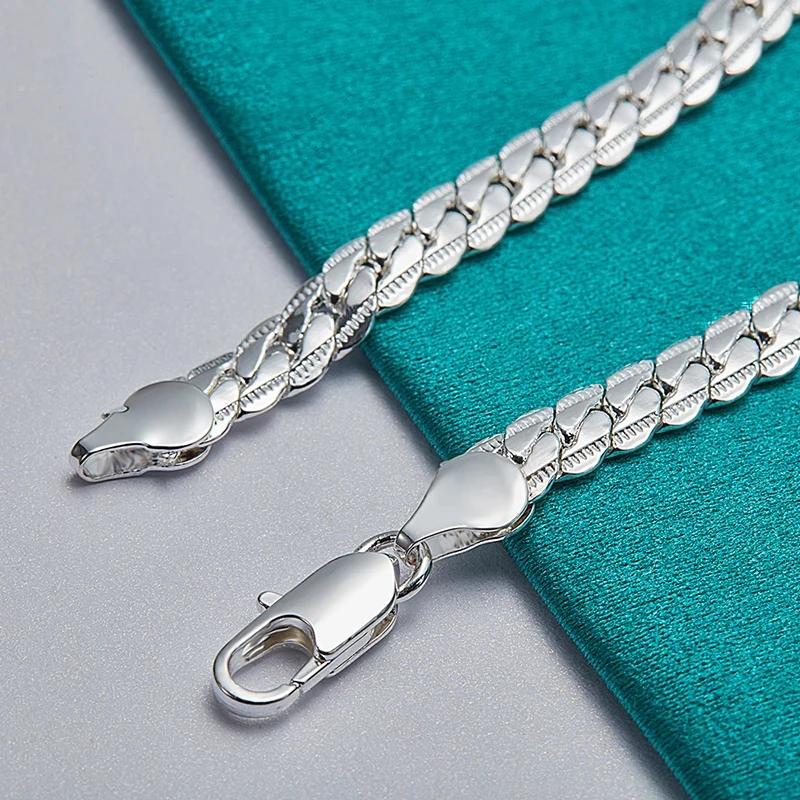 925 Silver Flat Link Chain Bracelet 6mm with Lobster Clasp for Women and Men