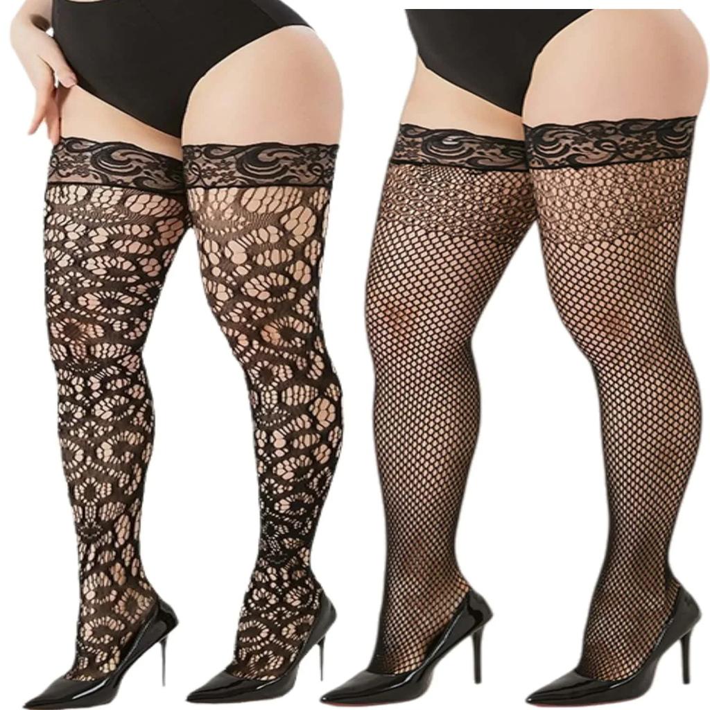 Plus Size Fishnet Thigh High Stockings Women Sexy Lace Over Knee Hollow Out Mesh Pantyhose Nylon Elastic Summer Clubwear