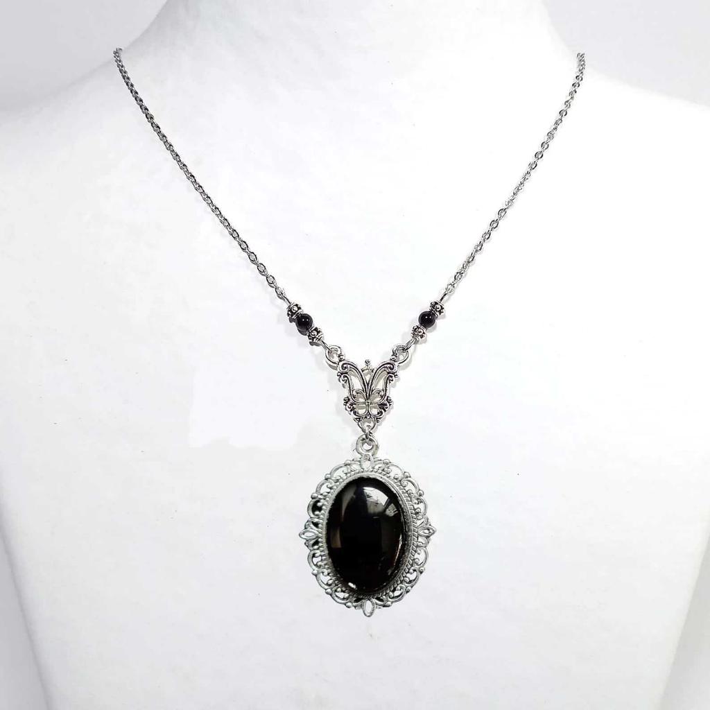 Collana Pendente Vittoriana Gotica Argentata a Rete Ovale con Agata Nera Naturale per Uomini Donne Halloween Gioielli Romantici da Strega