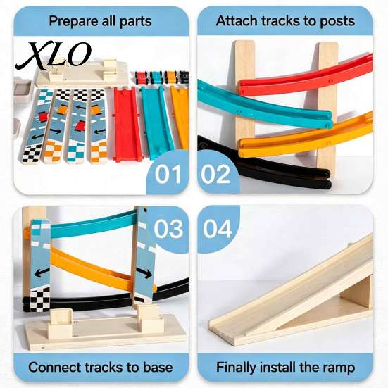 Interactive Slide Track Set Wooden Ramp Racer Car Toy, 4 Numbered Mini Cars And Parking Lot Sturdy Design, Development Hand-eye Coordination