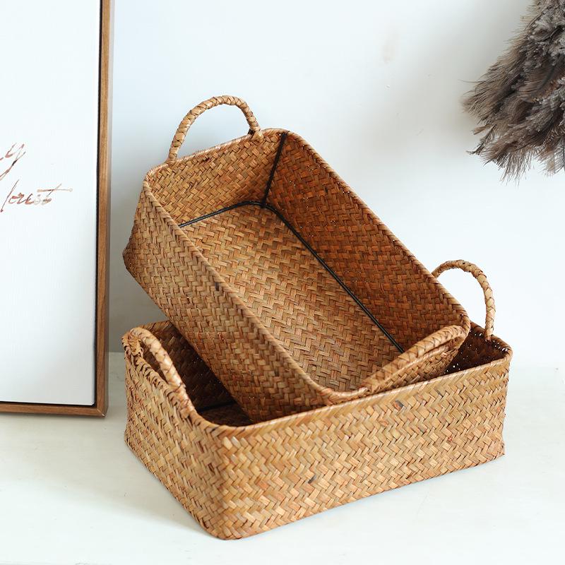 Japanese Straw-Woven Storage Basket for Snacks, TV Accessories, Cosmetics, and Masks