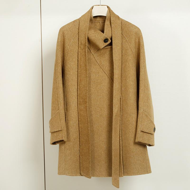 Autumn and Winter Small Wool Double-sided Woolen Coat Stand-up Collar Lace-up Waist Wool Woolen Coat Women