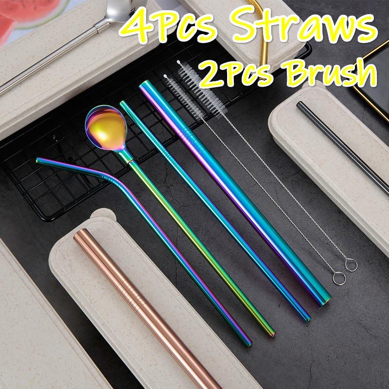 NEW Drinking Straw Stainless Steel Straw Set Straw Spoon with Brushes Box