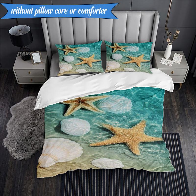 3PCS Ocean Starfish Shells Bedding Set,Including 1pc Duvet Cover And 2pcs Pillowcases Perfect for Bedroom, Dormitory, Fan Christmas gift