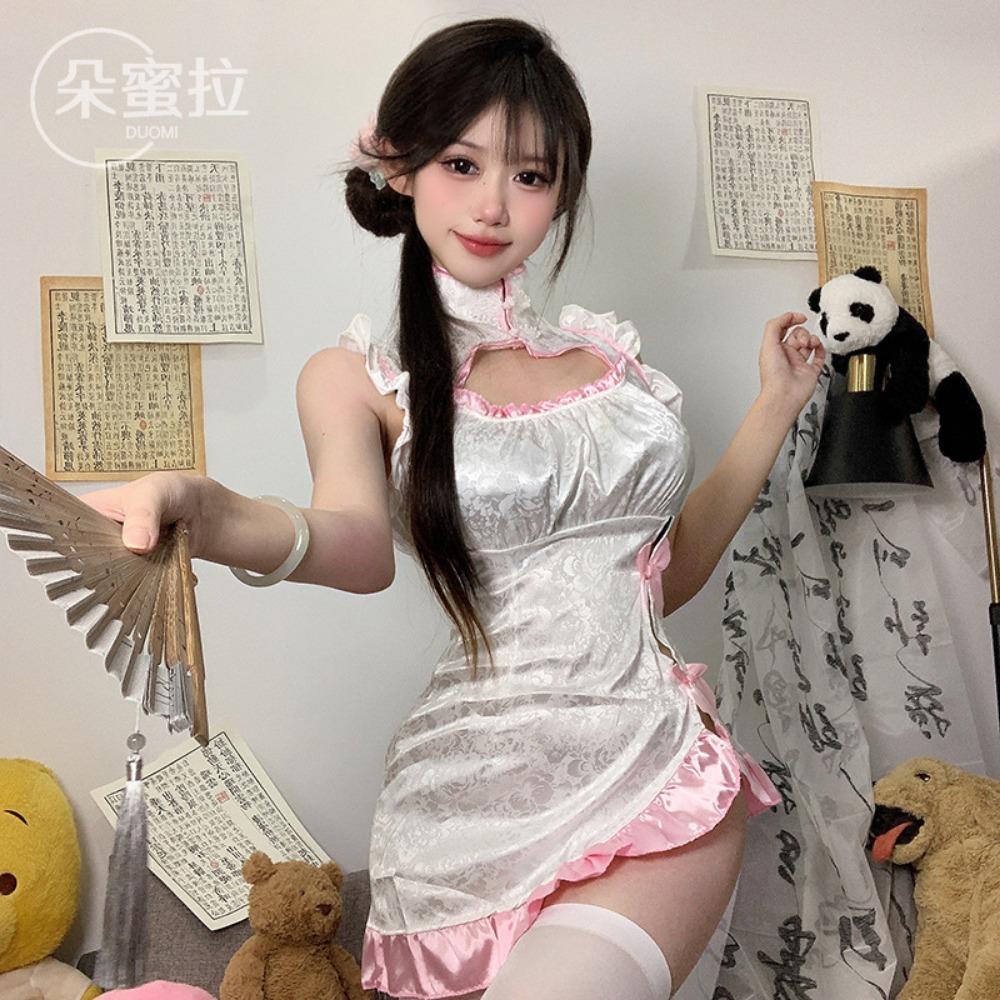 Sexy Underwear Sexy Hollow Stand-up Collar Antique Split Cheongsam Passion Pure Desire Charming Hanfu Nightdress Clothes Loungewear
