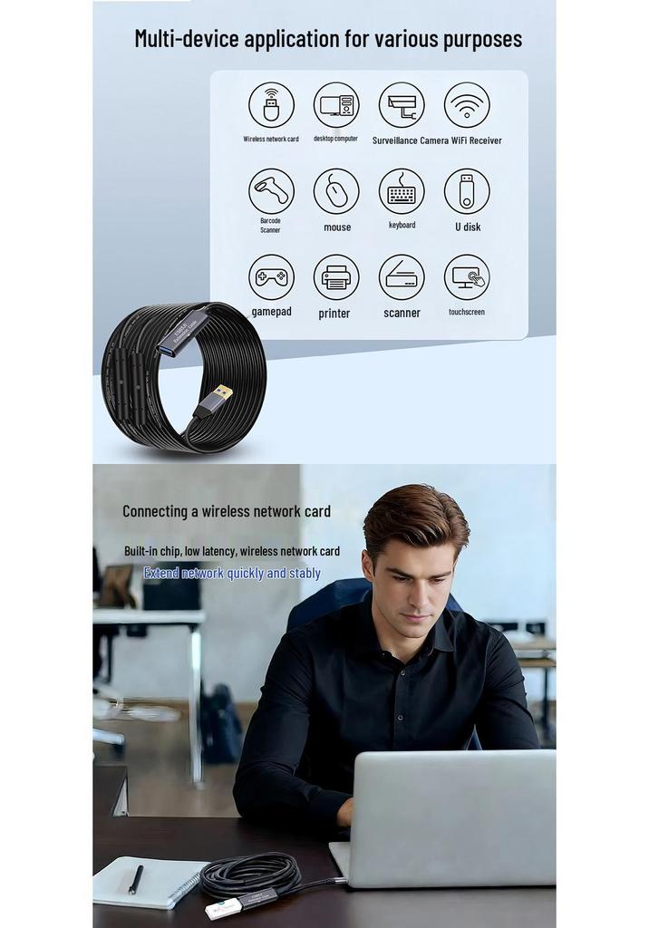 USB 3.0 Amplified Extension Cable for Printer, Scanner, and Laptop