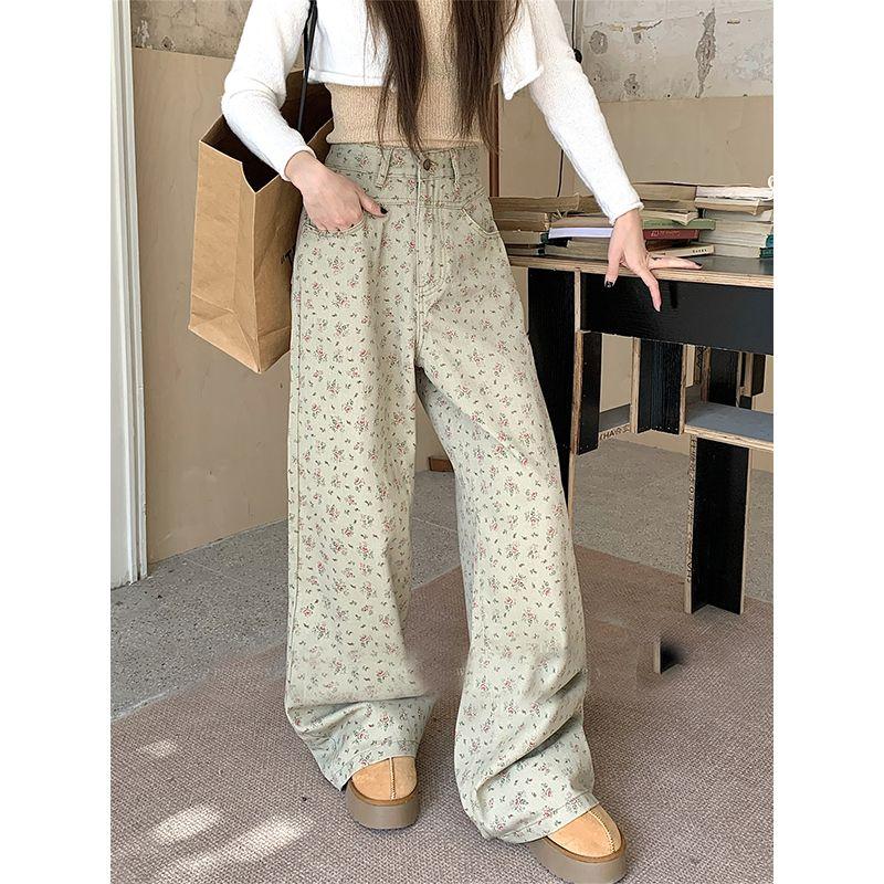 

Plus Size American High Street Floral Jeans for Women Spring Autumn Design Sense High Waist Loose Straight Wide Leg Pants M