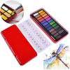 New 24 Colors Artist Solid Watercolor Pigments Tablet With Paint Brush Metal Box