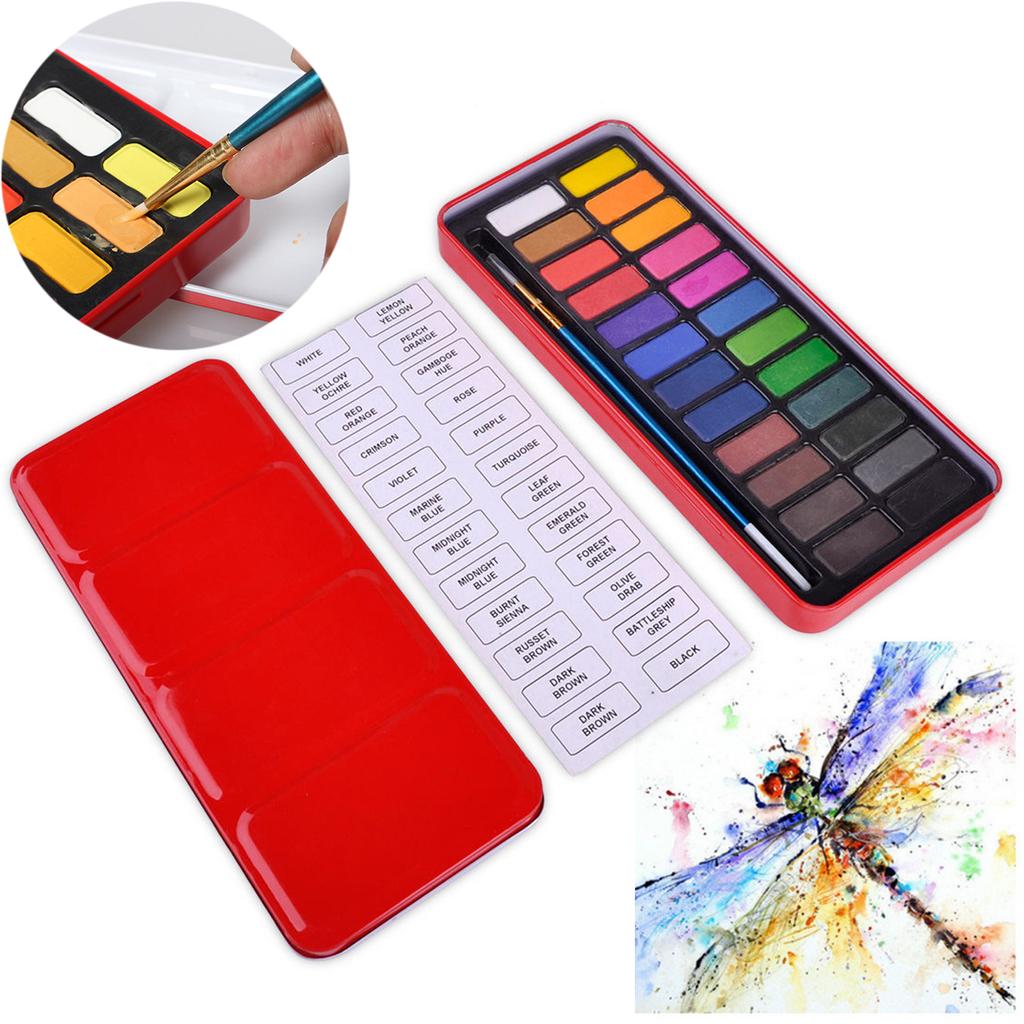 New 24 Colors Artist Solid Watercolor Pigments Tablet With Paint Brush Metal Box