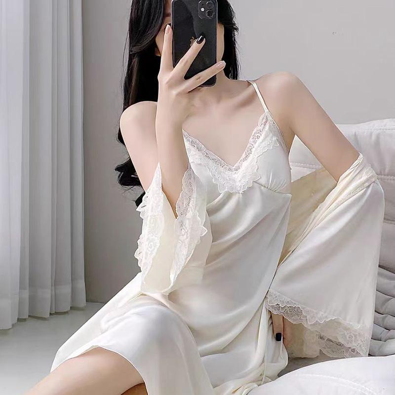 1011 new ice silk suspender nightgown women's casual long-sleeved high-end lace loungewear set