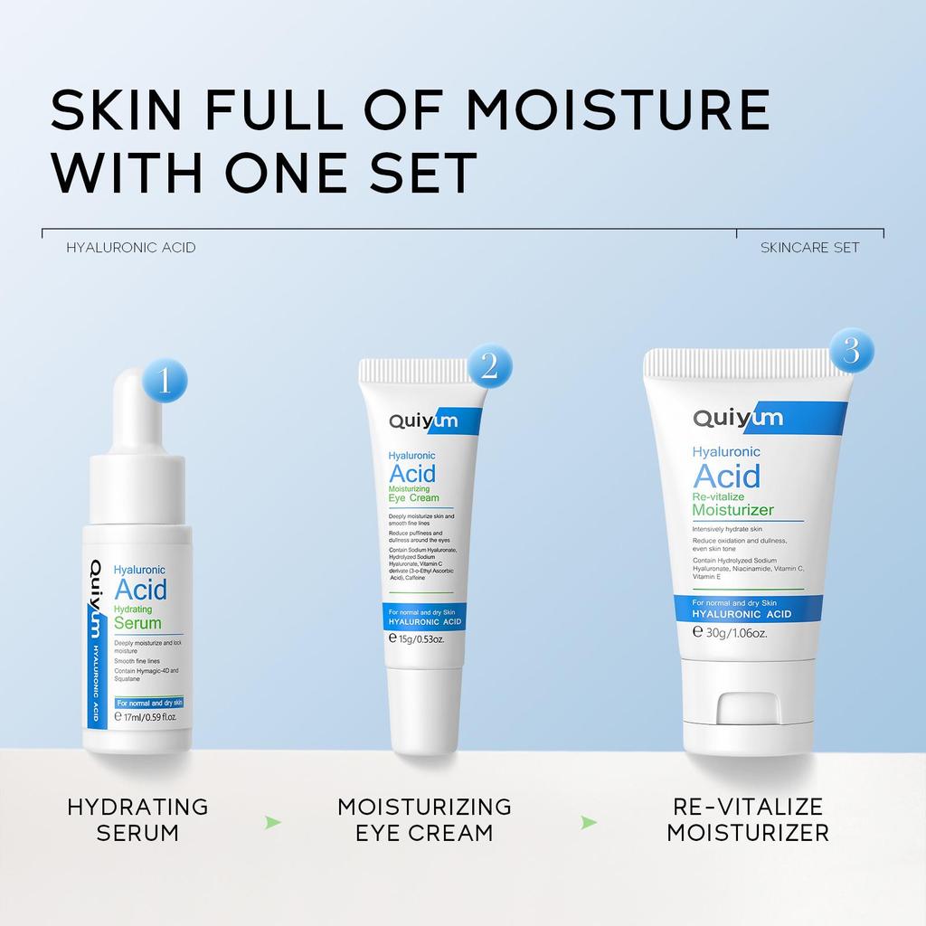 QUIYUM Hyaluronic Acid Skincare Set: Three-Piece Hydrating and Moisturizing Kit