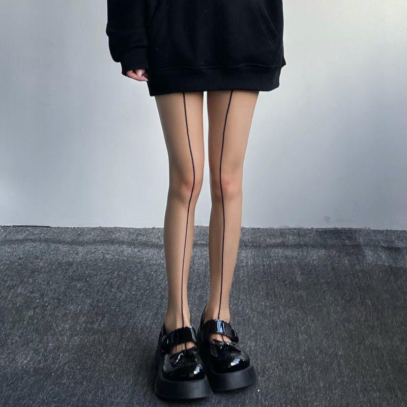 Sheer Retro Black Silk Sensory Socks, Two-Way Vertical Stockings, Slimming European Style Pantyhose